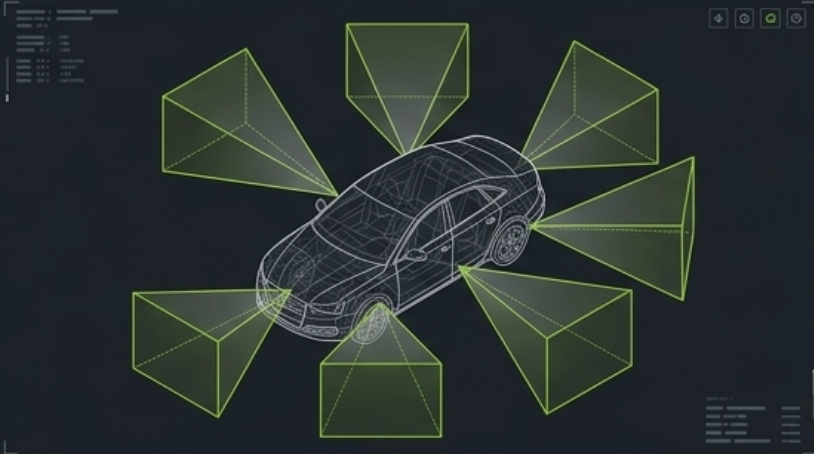 Multi-camera simulation — 7 viewpoints around a vehicle, the setup behind Cosmos driving world generation