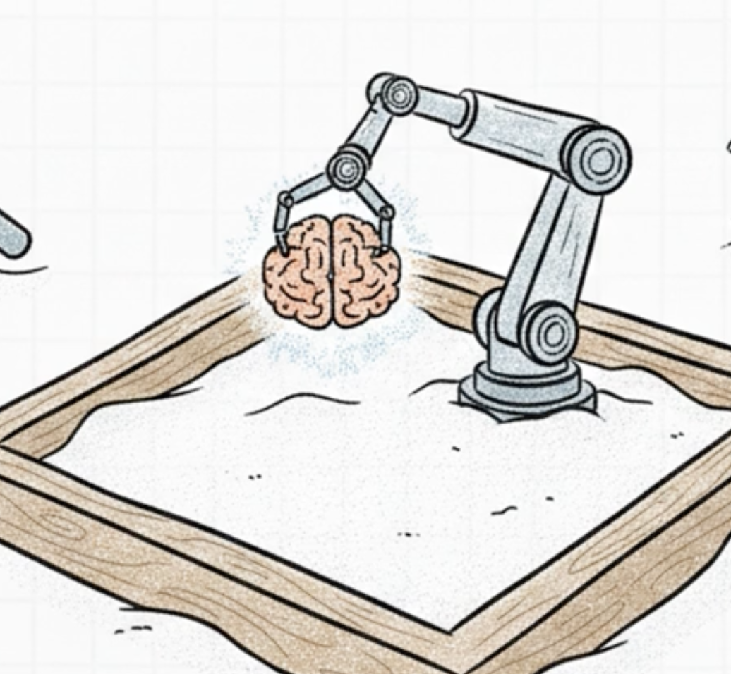 A robot arm lifting a brain from a sandbox — learning world dynamics in a simulated environment