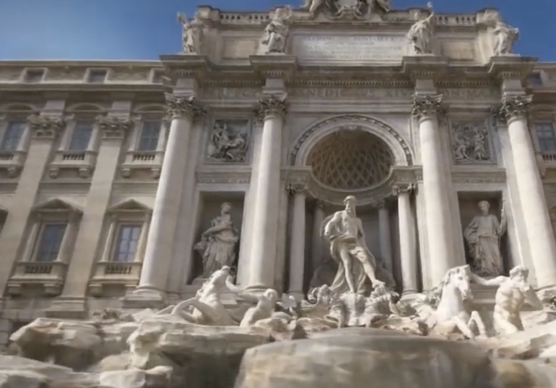 NeRF-rendered view of the Trevi Fountain — novel viewpoint synthesised from a neural radiance field