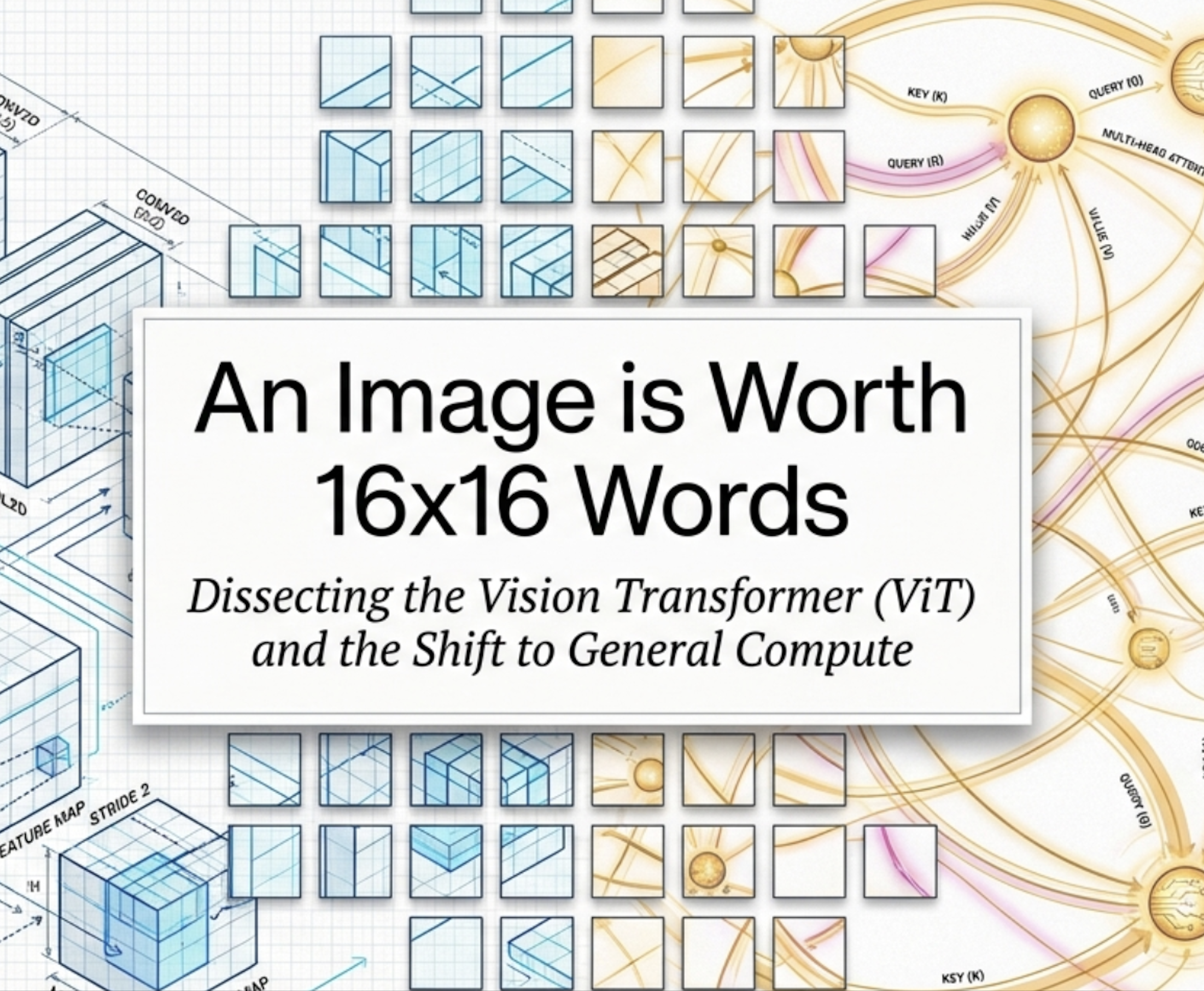 Vision Transformer — image patchification on the left, multi-head attention graph on the right